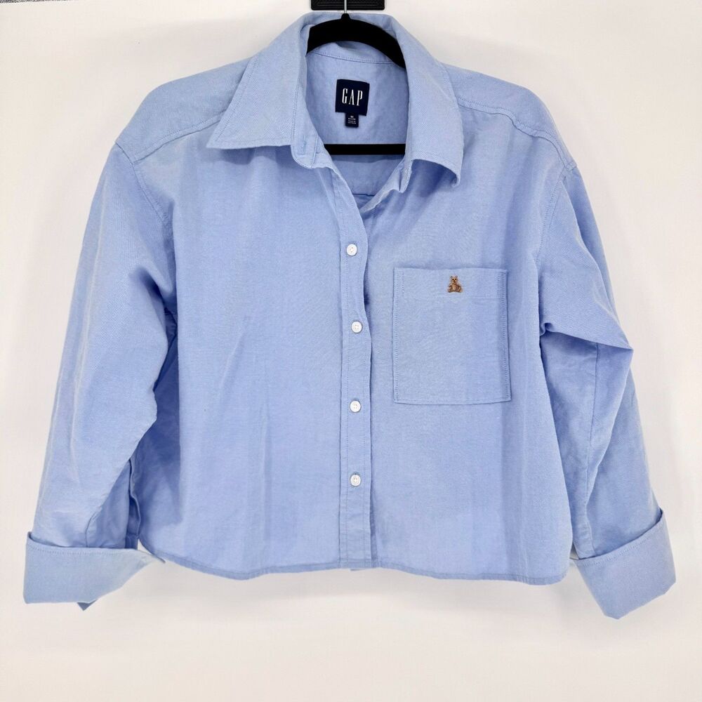 Gap Brannan Bear Oxford Shirt Womens M Petite Blue Cropped Button Down Cotton
